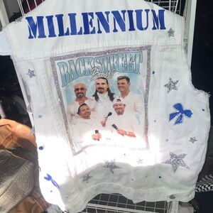 Backstreet Boys White Embellished Denim Vest with Rhinestone Pockets